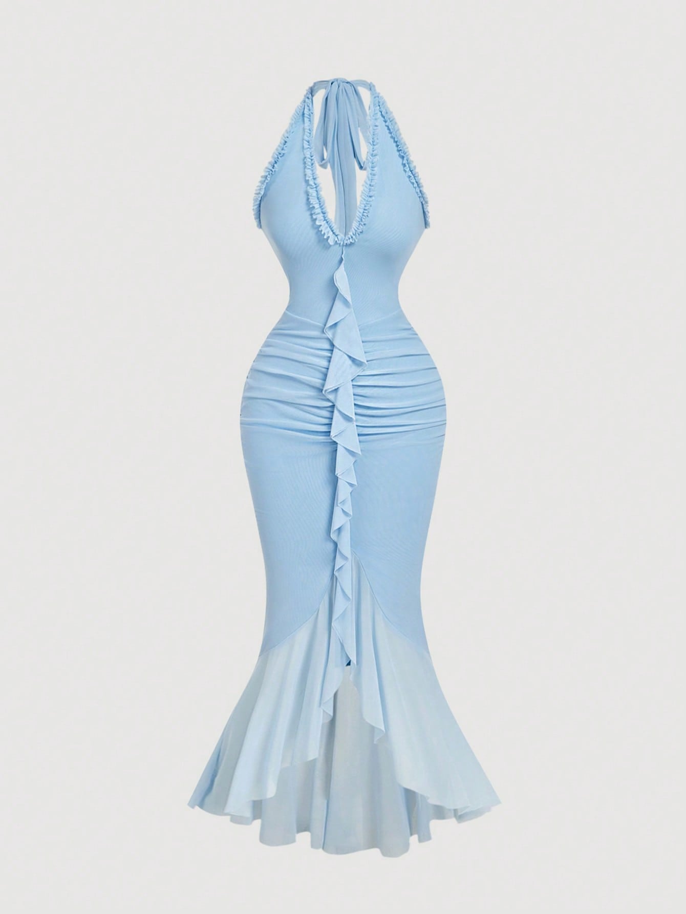 Robe bleu longue évasé dos nu asymétrique