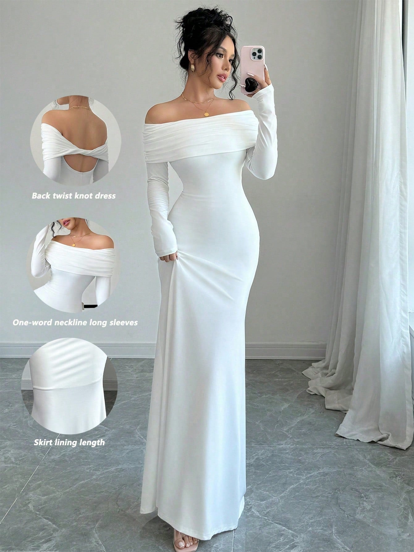 Robe longue et évasée manches longues cou bateau