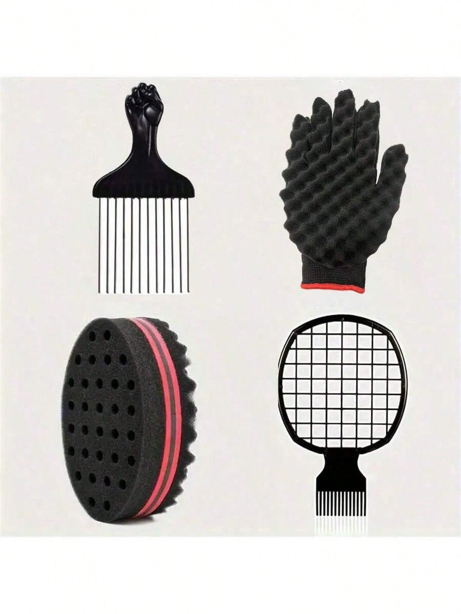 Ensemble d'éponges de coiffure de 4 pièces, gants d'éponge de curling, peigne à cheveux en métal, peigne de curling, ensemble de peignes