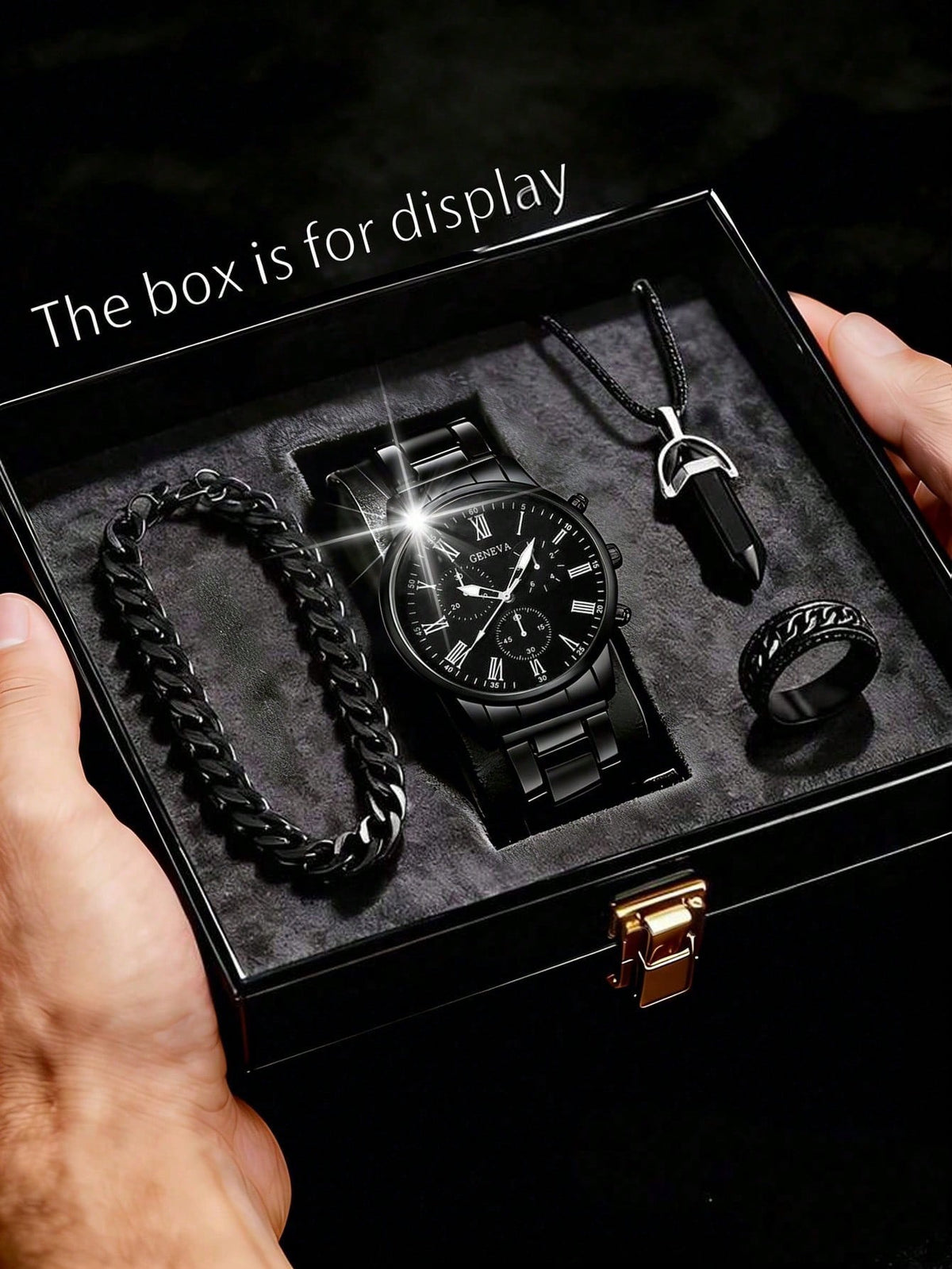 4PCS/1PC Watch Ensemble d'accessoires noirs pour hommes, montre-bracelet à quartz à cadran noir, jumelée à un bracelet cubain, collier pendentif en cristal noir et bague vintage