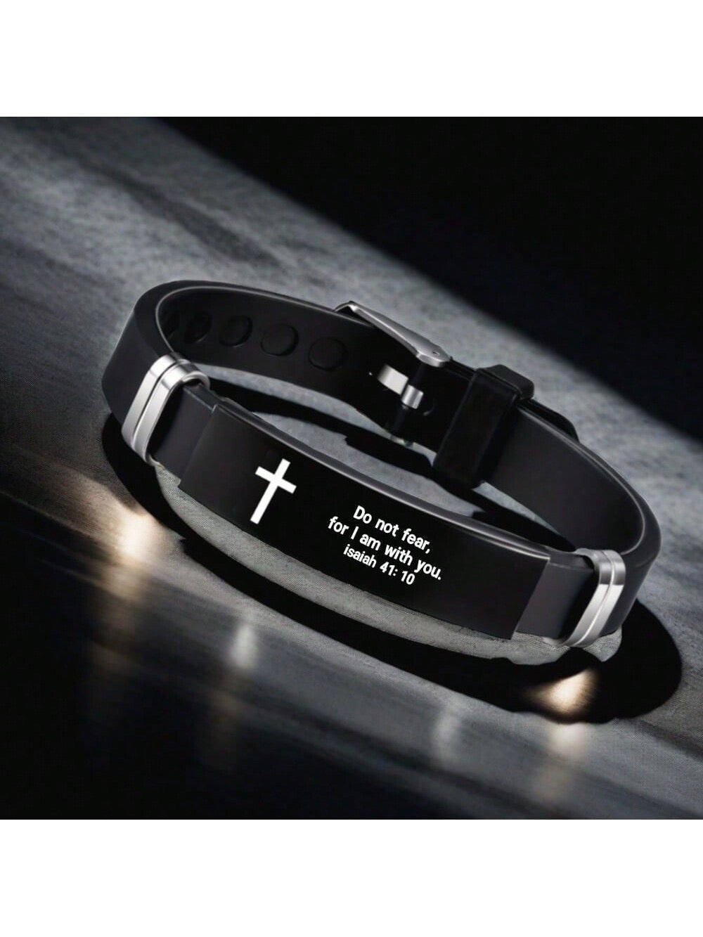 Bracelet chrétien réglable pour hommes, bracelet en acier inoxydable et silicone avec charme de croix et verset biblique